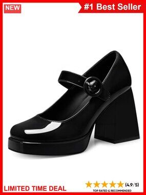 Women's Mary Jane Pumps Closed Toe Chunky Block Heels Buckle Faux Leather